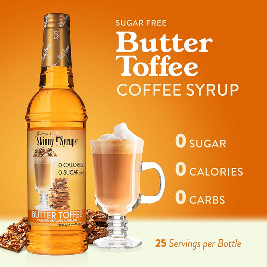 Jordan'S Skinny Syrups Sugar Free Coffee Syrup, Butter Toffee Flavor Drink Mix, Zero Calorie Flavoring For Lattes, Protein Shake, Food & More, Gluten Free, Keto Friendly, 25.4 Fl Oz, 1 Pack