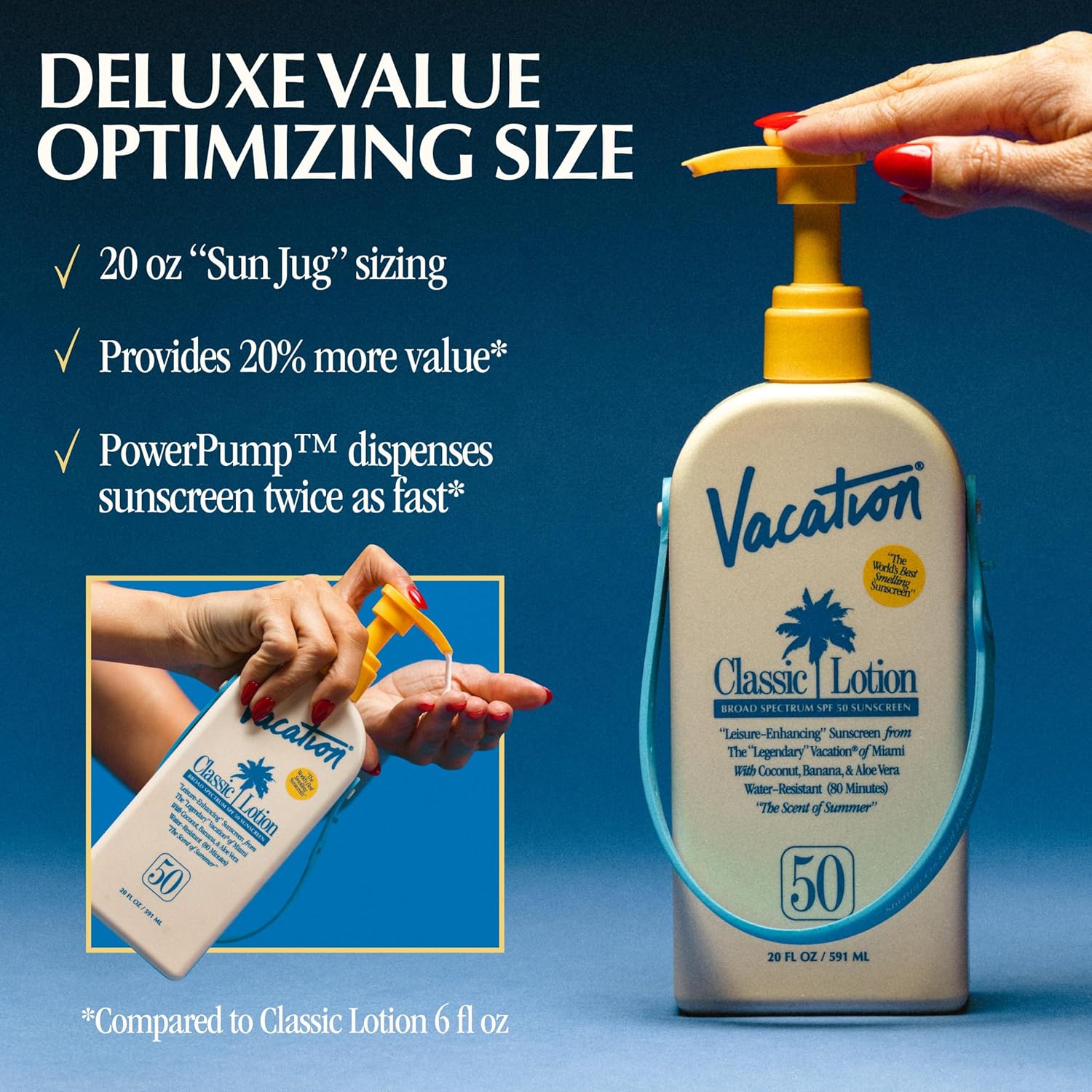 Vacation Classic Lotion Spf 50 Sun Jug, Broad Spectrum Bulk Sunscreen Spf 50, Water Resistant Sunblock, Suntan Lotion With Pump, Vegan, Family-Size, 20 Fl. Oz. : Beauty & Personal Care