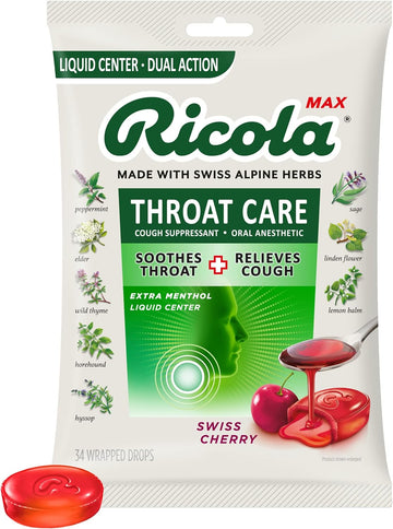 Ricola Max Swiss Cherry Throat Care Large Bag | Cough Suppressant Drops | Dual Action Liq Center | Soothing Long-Lasting Relief - 34 Count (Pack Of 1)