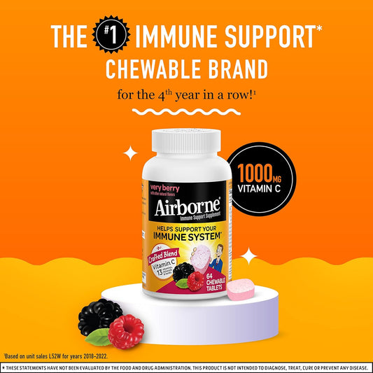 Airborne Berry Chewable Tablets, 64 Count - 1000Mg Of Vitamin C - Immune Support Supplement