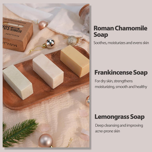 3 Pcs Clean Bar Soap With Vitamin E Olive Natural Essential Soap Bar Gift Set For Body Face Smooth Skin Bath Soap For All Skin Types Roman Chamomile,Frankincense,Lemongrass Soap Handmade