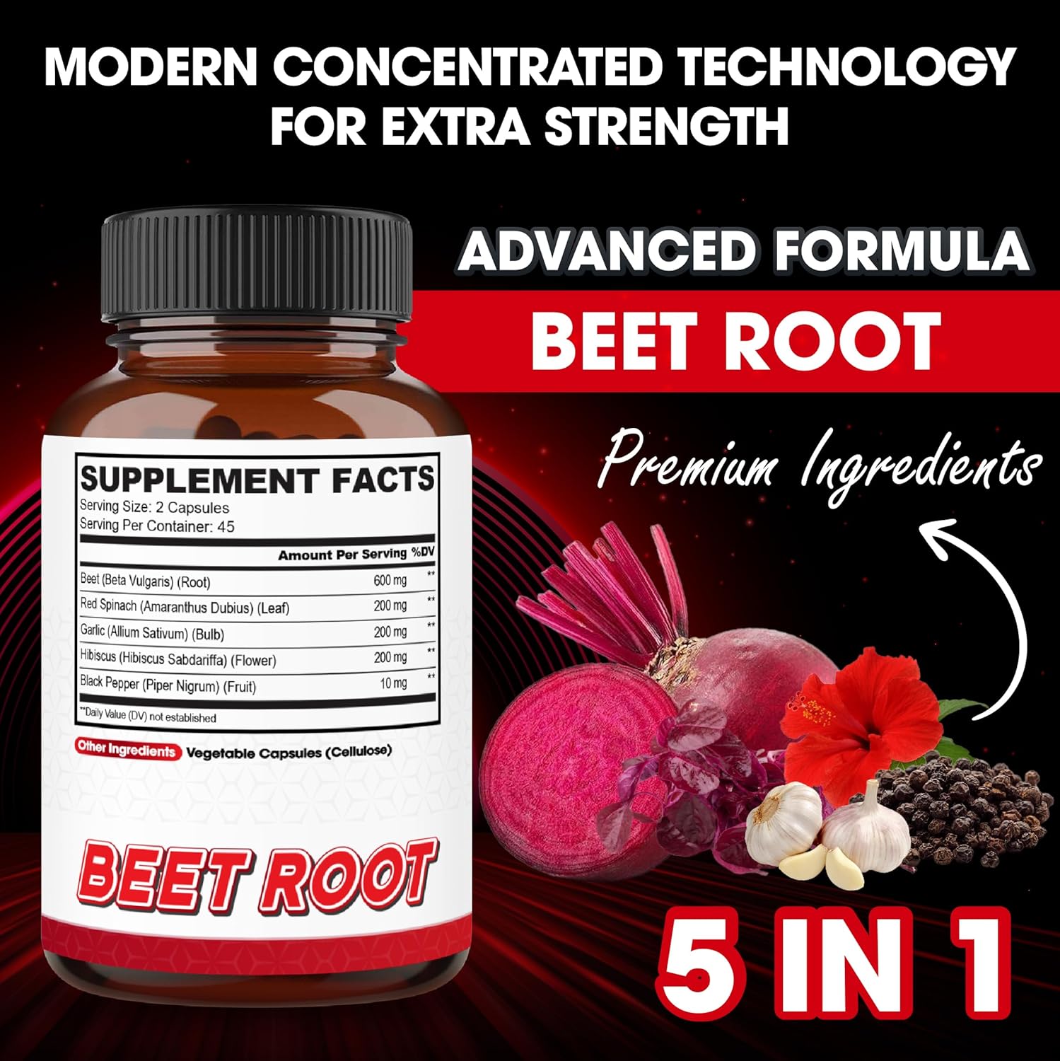 Agobi 5In1 Beet Root Capsules - Added With Red Spinach, Organic Garlic Bulb, Hibiscus & Black Pepper - Support For Energy Production, Immune System & Digestive Health - 90 Vegan Capsules : Health & Household