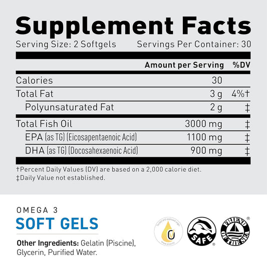 Kaged Omega 3 Fish Oil Supplement, 3000Mg Omega 3 Fatty Acid With Epa & Dha, Ultra-Pure, No Fish Burps, 60 Pills