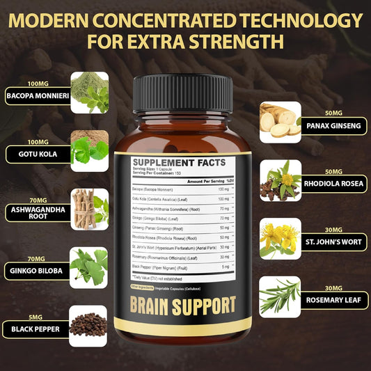 Agobi 9In1 Brain Support Supplement - Blended With Ashwagandha, Panax Ginseng, Gotu Kola, Ginkgo Biloba, Black Pepper & More - Accuracy, Focus, Memory & Energy Booster - 150 Capsules For 5 Months
