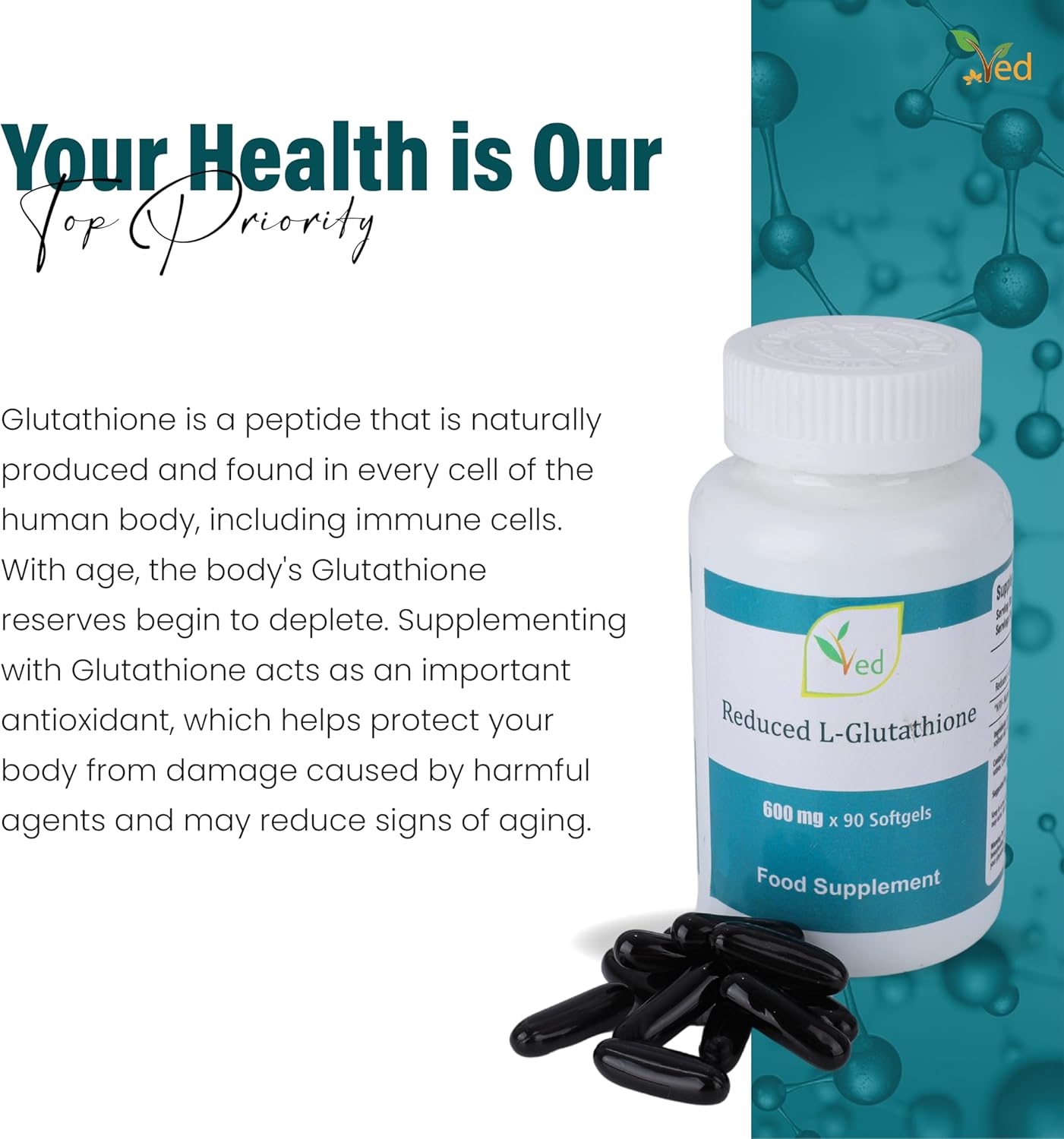 VED Reduced L-Glutathione Supplement 600 mg 90 softgel Capsule : Amazon.co.uk: Health & Personal Care