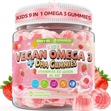 Omega 3 Gummies For Kids & Teens, Omega 3 6 9 With Dha, Vitamin D3 K2 C B6 B12 & Luetin, No Fish Taste, Sugar Free Kids Vitamin Gummies, For Brain Bone Eyes Focus Immunity, Fish Oil Alternative, 60Cts