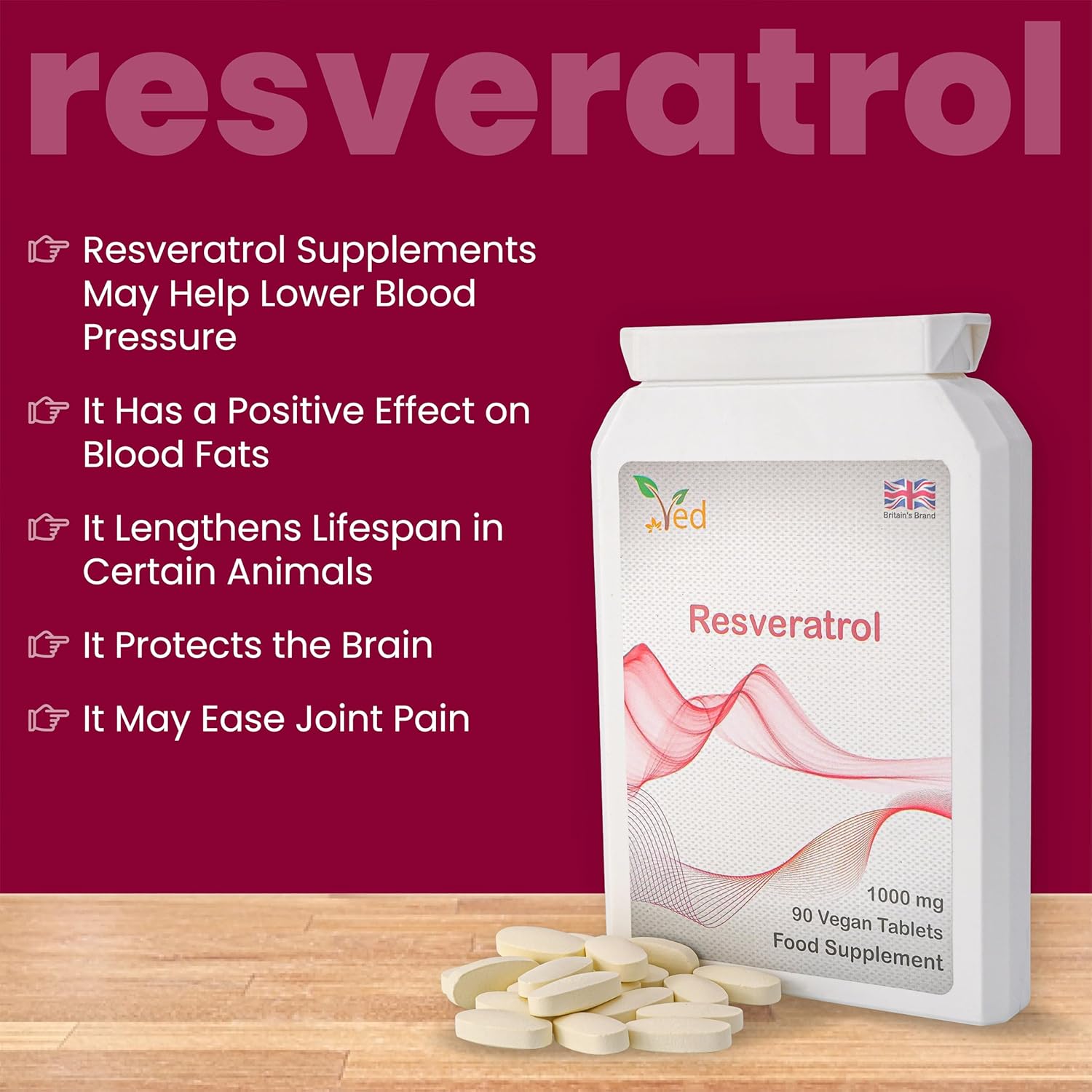 Ved Anti-Aging, Heart Health, Immunity Support | Antioxidant Supplement | Resveratrol Tablets | 1000 mg x 90 Tablets : Amazon.co.uk: Health & Personal Care