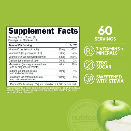 Nutricost Electrolyte Complex Drink Mix Powder (Green Apple, 60 Servings) - No Sugar Added, Sweetened With Stevia, New & Improved Formula With 7 Vitamins + Minerals For Ultimate Hydration