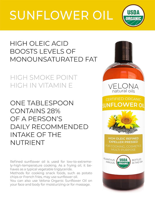 velona USDA Certified Organic Sunflower Oil - 4 oz | 100% Pure and Natural Carrier Oil | High Oleic, Refined, Cold Pressed | Cooking, Skin, Hair, Body & Face Moisturizing