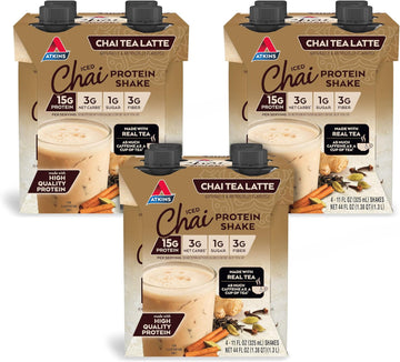 Atkins Chai Tea Latte Flavored Protein Shake, High Protein Shake, Low Glycemic, Low Carb, Low Sugar, Keto Friendly, Gluten Free, 12 Count (3 Sets Of 4)