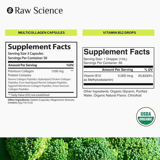 S Raw Science Healthy Hair & Nails & Joint Support, Healthy Heart & Mood & Energy Booster & Metabolism — Multi Collagen Capsules 90Pcs And Vitamin B12 Drops 5000Mcg