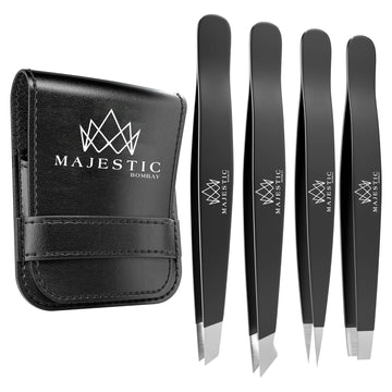 Tweezers Set 4-Piece-Stainless Steel Slant Tip + Sharp Pointed Eyebrow Tweezer Set-Precision Facial Hair Removal,Eyebrow Hair,Splinter,Blackhead,Ingrown Hair/Tick Remover-Ends Meet Perfect