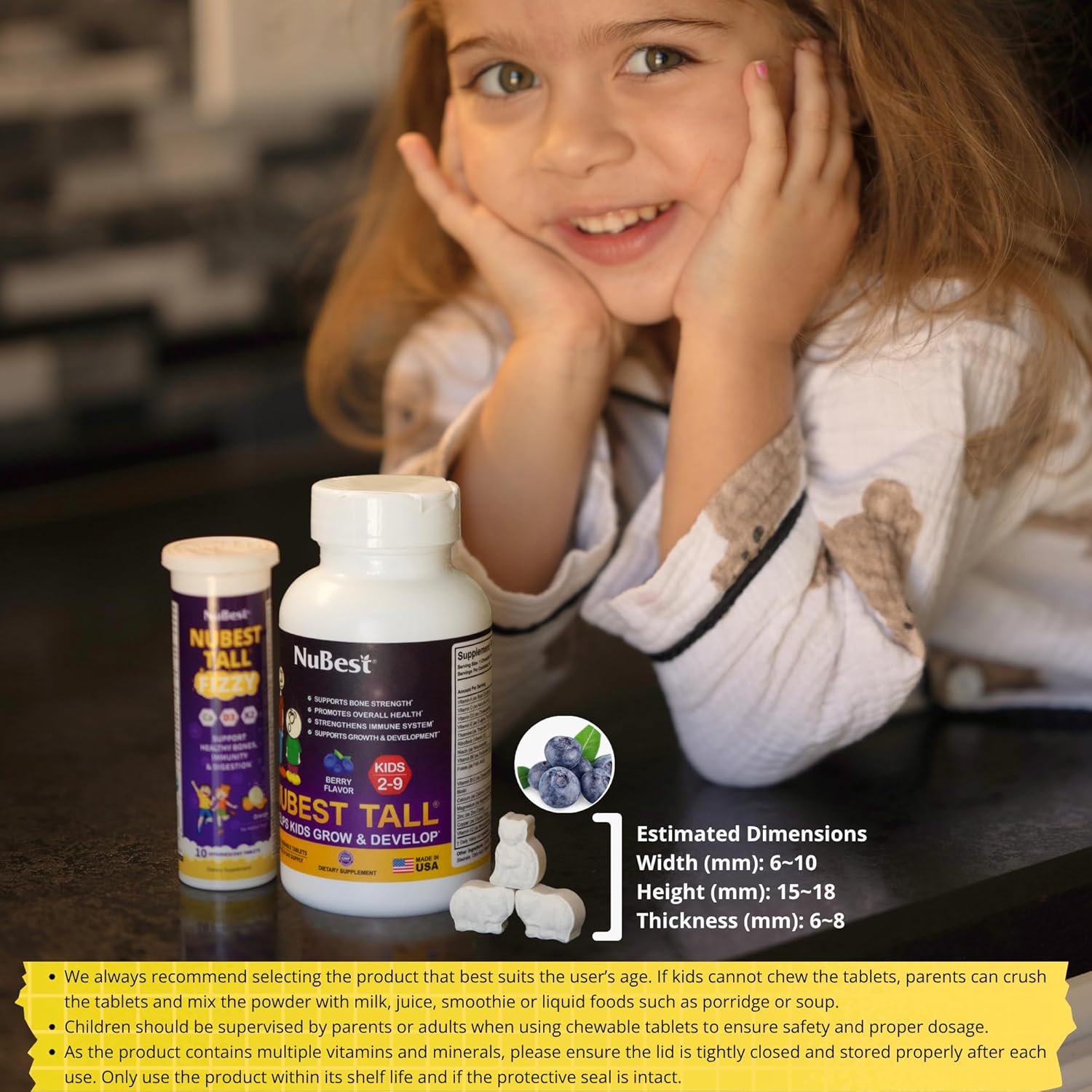 Nubest Tall Kids - Multivitamins & Minerals For Age 2 To 9 - Bone Strength & Immunity Support - Helps Kids, Toddlers Healthy - Animal Shapes - 60 Chewable Berry Tablets | 1 Month Supply : Health & Household