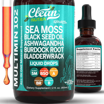 Clean Nutraceuticals Sea Moss Drops Supplement Liquid With Black Seed Oil Ashwagandha Burdock Root & Bladderwrack - Multimineral Organic Non-Gmo Vegan For Gut Heath Skin Immune Support Hair (2)
