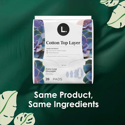 L. Extra Long Maxi Pads For Women, Overnight Absorbency, Breathable Cotton Top Layer, Unscented Pads With Wings, 28 Ct