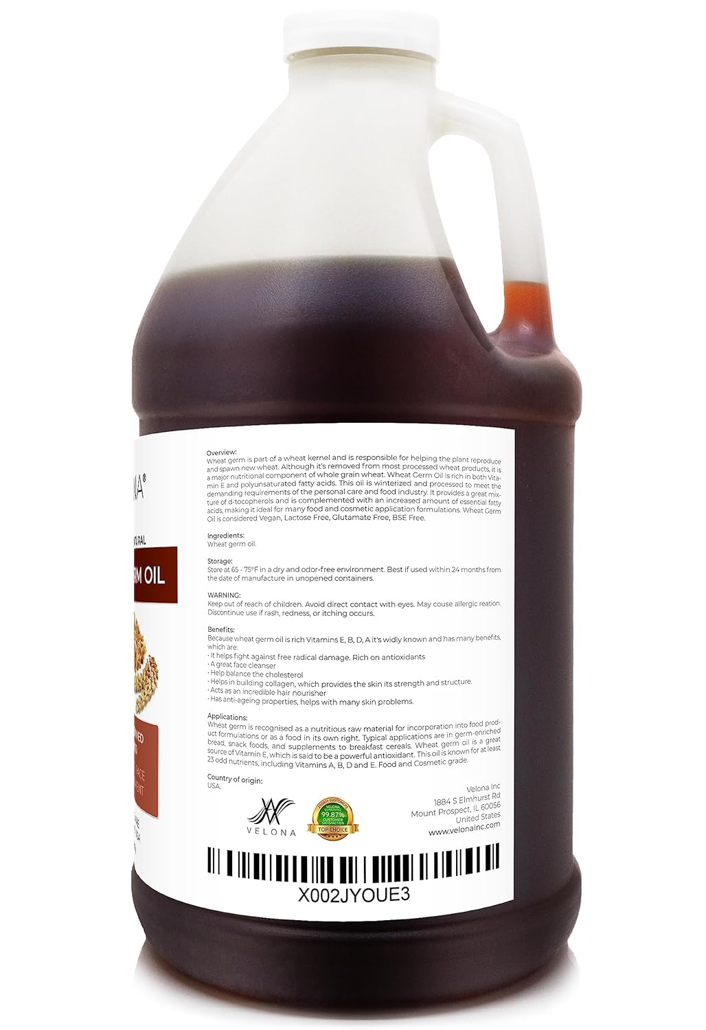 Wheat Germ Oil USP Grade by Velona - 64 oz | 100% Pure and Natural Carrier Oil | Unrefined, Winterized | Cooking, Face, Hair, Body & Skin Care | Use Today - Enjoy Result : Beauty & Personal Care