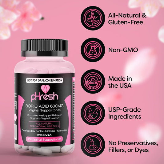 Ace Nutrition Phresh Boric Acid Suppositories For Women, Suppositories For Odor Use, Natural Feminine Care Supports Vaginal Health & Promotes Healthy Ph Balance - Made In Usa
