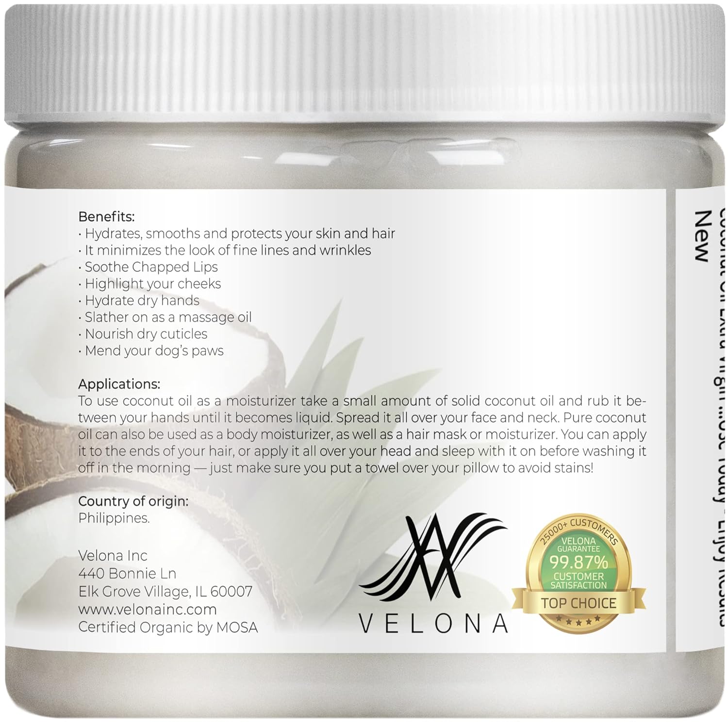 Velona USDA Certified Organic Coconut Oil Extra Virgin - 16 oz | Food and Cosmetic Grade | in jar | Extra Virgin, Cold Pressed : Beauty & Personal Care