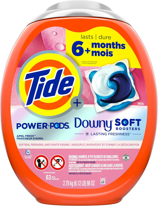 Tide Power Pods 2-In-1 Laundry Detergent Pods With Downy Soft Boosters, Lasting Freshness With April Fresh Scent, 63 Count