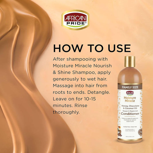 African Pride Moisture Miracle Honey, Chocolate & Coconut Oil Conditioner - Helps Repair & Replenish Moisture to Natural Coils & Curls, Nourishes & Restores, Sulfate Free, Color Safe. 16oz