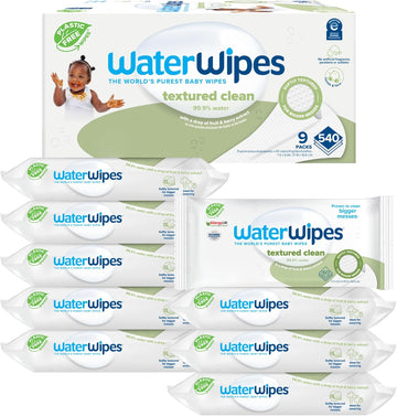 Waterwipes Plastic-Free Textured Clean, Toddler & Baby Wipes, 99.9% Water Based Wipes, Unscented & Hypoallergenic For Sensitive Skin, 540 Count (9 Packs), Packaging May Vary