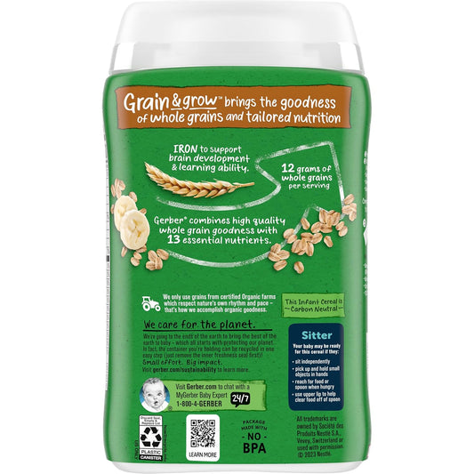 Gerber Baby Cereal Organic 2Nd Foods, Grain & Grow, Oatmeal Banana, 8 Ounce