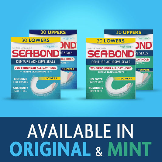 Sea Bond Secure Denture Adhesive Seals Multipack, Zinc Free, All Day Hold, Mess Free, Original Uppers And Lowers- 30 Each