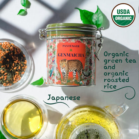 Pantenger Organic Genmaicha | Japanese Green Tea Loose Leaf 3.5 Oz | Sencha Tea Leaves With Roasted Brown Rice | Resealable Tea Tin