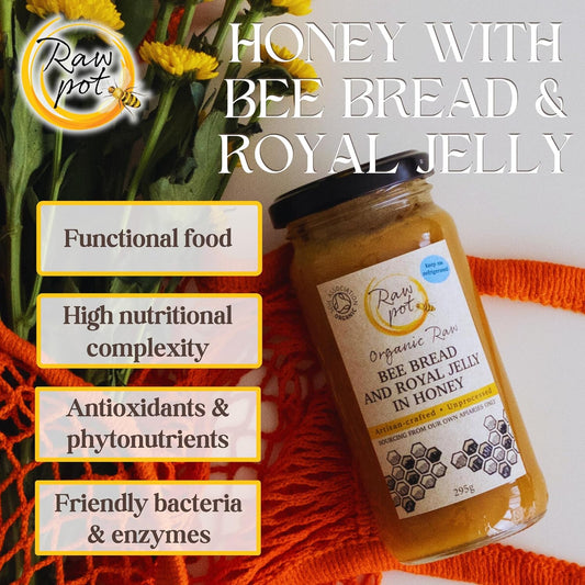 Raw Pot - Organic Raw Bee Bread And Royal Jelly In Honey - Natural Pure Unpasteurised Honey With Antioxidants & Phytonutrients For Immunity, Detox, Digestion, Energy Support | For Kids & Adults (295G)