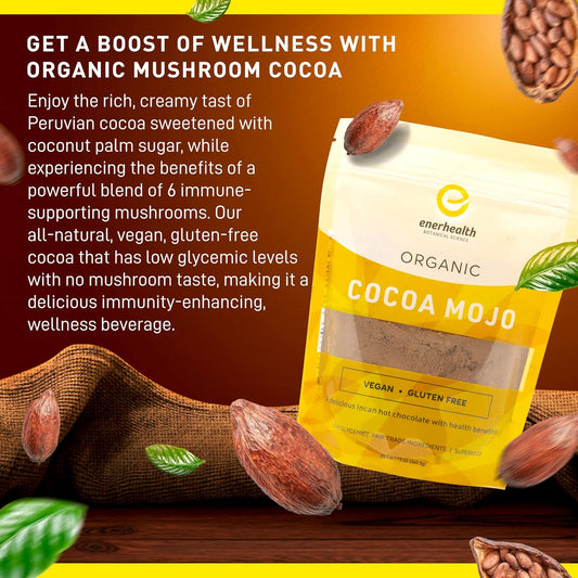 Enerhealth Botanicals Cocoa Mojo – Certified Organic Hot Chocolate Peruvian Cocoa Mix, Sweetened With Low Glycemic Coconut Palm Sugar And Infused With 6 Mushroom Extracts To Boost Immunity – 12 Oz