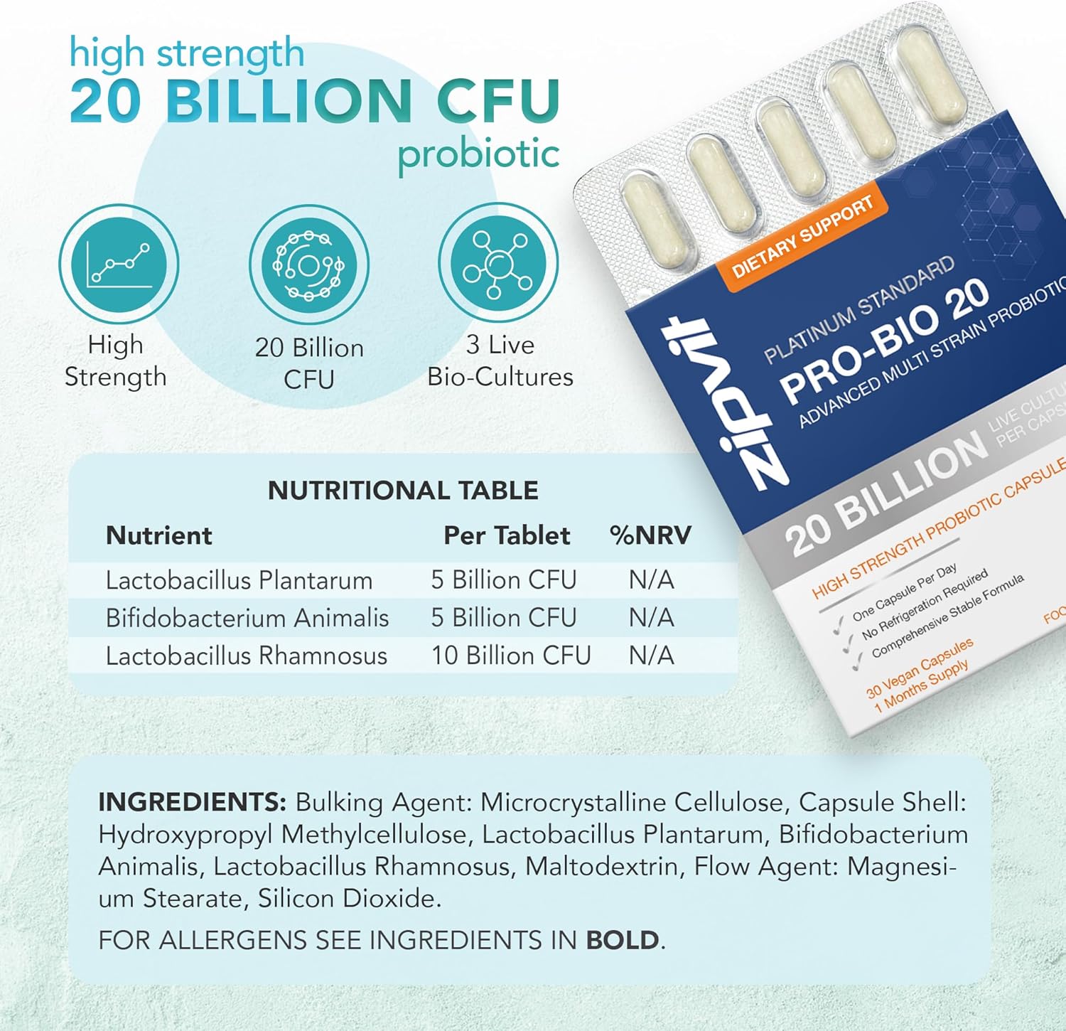 Zipvit Pro Bio 20 Billion CFU Probiotics for Gut Health, High Strength, 30 Vegan Probiotic Capsules for Men & Women, 3 Live Bacterial Cultures, Lactobacillus & Bifidobacterium Animalis : Amazon.co.uk: Health & Personal Care