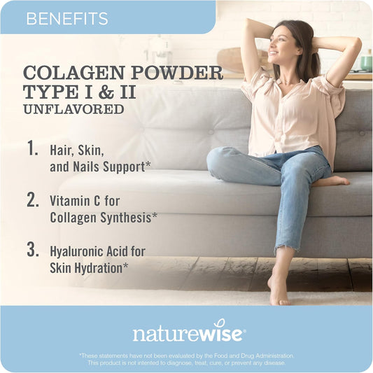 Naturewise Collagen Peptides Powder With Hyaluronic Acid And Vitamin C - Unflavored - Support For Women & Men - Type I & Iii For Hair, Skin, & Nails - Sugar, Gluten & Dairy Free - 60 Servings