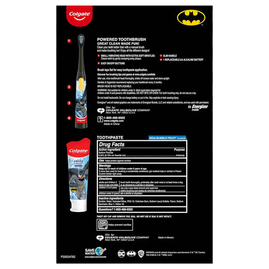 Colgate Kids Toothbrush Set with Toothpaste, Batman Gift Set, 2 Battery Toothbrushes and 2 Toothpastes