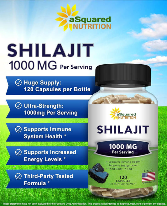 Asquared Nutrition Shilajit 1000Mg - 120 Capsules - Pure Shilajit Extract Supplement And Powder Complex Pills - Natural Humic & Fulvic Acid & Trace Minerals - Alternative To Resin & Drops