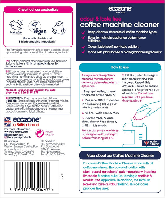 Ecozone Coffee Machine Cleaner And Descaler 500 Ml - 5 Applications Per Bottle