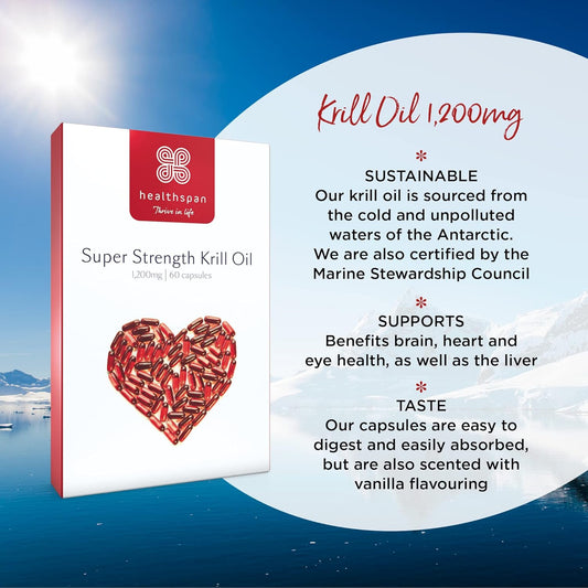 Healthspan Krill Oil 1,200Mg | 60 Capsules | Naturally Rich In Astaxanthin | Sustainably Sourced | Vanilla Flavoured | Astaxanthin | Marine Phospholipids