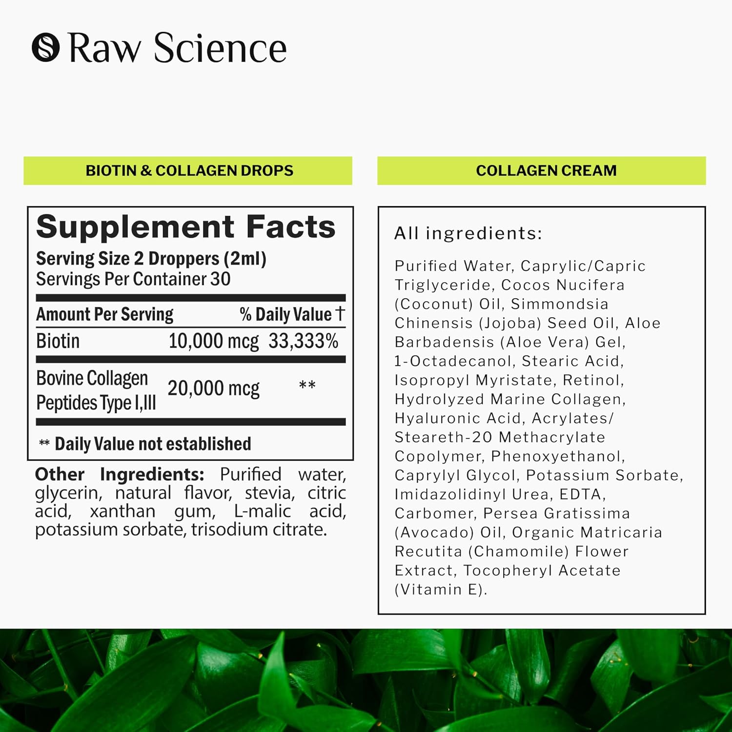 S RAW SCIENCE Beauty and Skin Revitalization - Vitamins for Healthy Hair, Skin and Nails & Anti-Aging Face Moisturizer - Biotin & Collagen Drops 30000mcg 2oz and Collagen Day & Night Cream 1.7oz : Health & Household