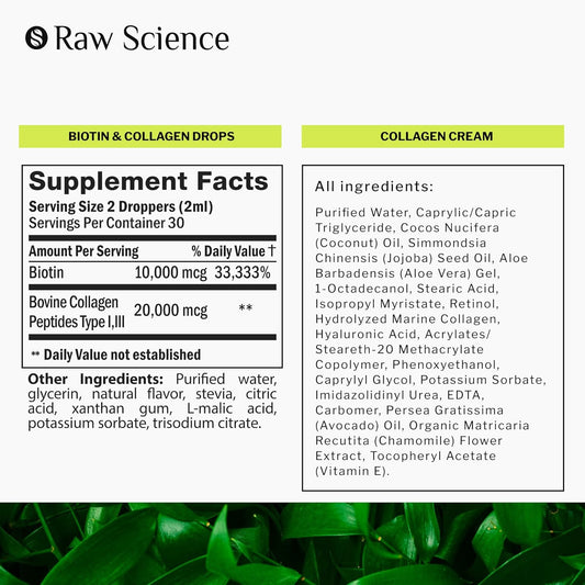 S RAW SCIENCE Beauty and Skin Revitalization - Vitamins for Healthy Hair, Skin and Nails & Anti-Aging Face Moisturizer - Biotin & Collagen Drops 30000mcg 2oz and Collagen Day & Night Cream 1.7oz : Health & Household
