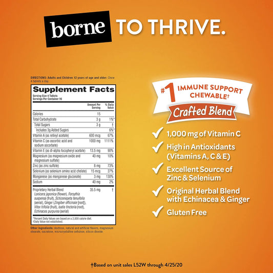 Airborne 1000Mg Vitamin C Chewable Tablets With Zinc, Immune Support Supplement With Powerful Antioxidants Vitamins A C & E - 64 Chewable Tablets, Citrus Flavor