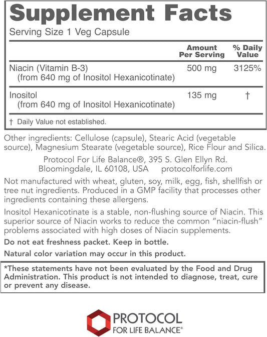 Protocol Niacin 500Mg - Inositol Hexanicotinate - No Flush Niacin - Vitamin B3 - Energy & Metabolism Support* - Vegan & Kosher - 90 Veg Caps