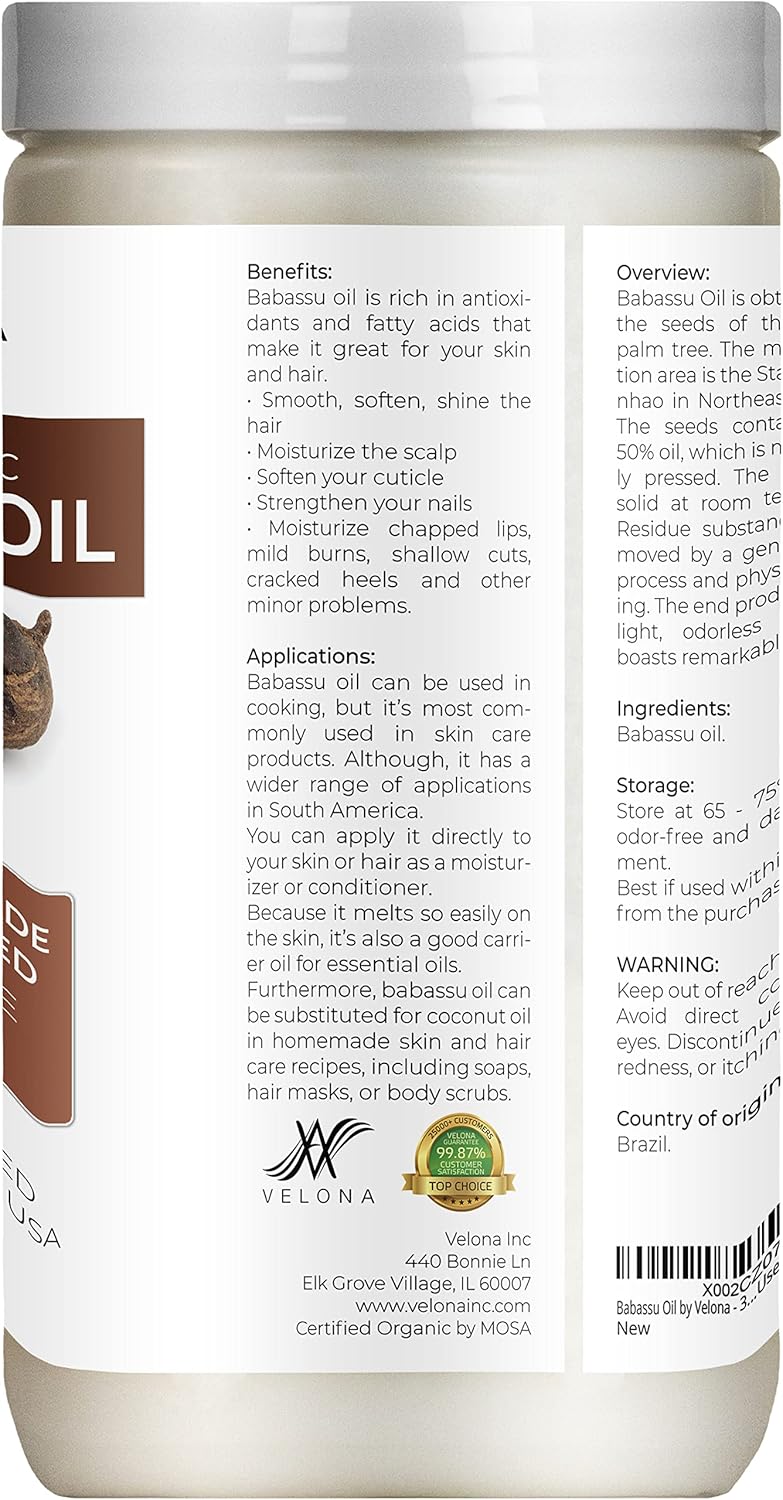 velona Babassu Oil USDA Certified Organic - 64 oz | 100% Pure and Natural Carrier Oil | Refined, Cold Pressed : Beauty & Personal Care