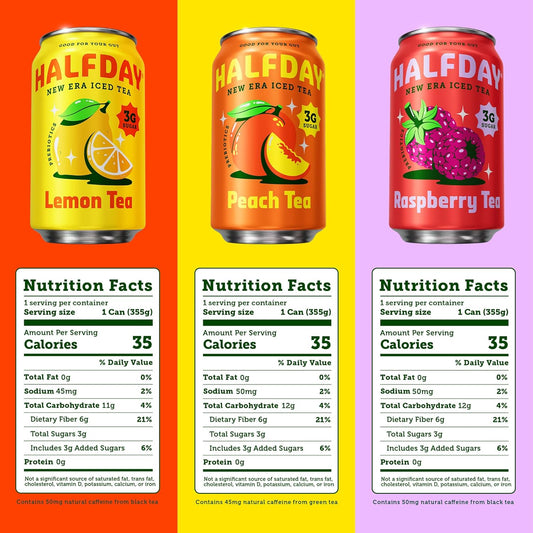 Halfday Prebiotic Iced Tea Lemon, Peach & Raspberry Variety Pack, Supports Digestive & Gut Health, Plant Fiber & Prebiotics, Low Sugar, 35 Calories, Natural Caffeine, Gluten Free, 12 Fl Oz (12 Pack) Packaging May Vary