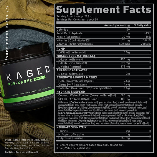 Kaged Stimulant Free Pre Workout Powder | Cherry Bomb | Pre-Kaged | Fo
