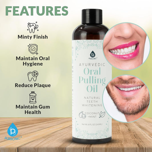 Pursonic Mint & Coconut Oil Pulling For Teeth With Tongue Scraper - 8Oz Ayurvedic Pulling Oil For Teeth And Gums Strengthening & Plaque, Decay Prevention - Coconut Oil For Teeth Whitening & Oral Care