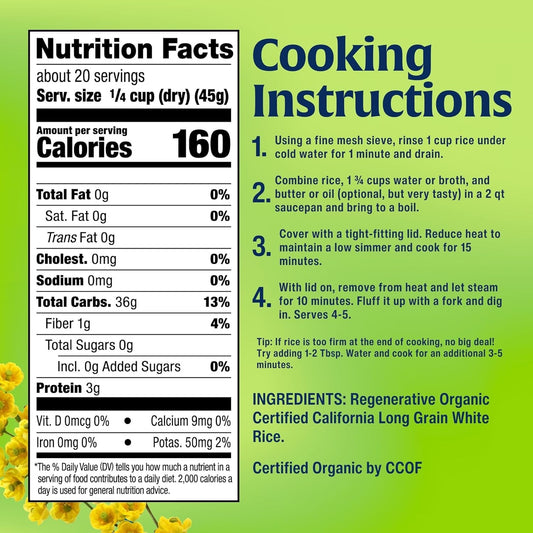 Lundberg White Rice, Regenerative Organic Certified – Non-Sticky, Aromatic Long Grain Rice, Responsibly Grown In California, 32 Oz