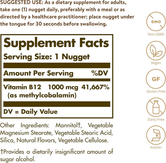Solgar Methylcobalamin 1000 Mcg, 60 Nuggets - Supports Energy Metabolism - Body-Ready, Active Form Of Vitamin B12 - Vitamin B - Non Gmo, Vegan, Gluten & Dairy Free, Kosher - 60 Servings