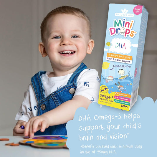 Natures Aid Dha Omega-3 Mini Drops For Babies & Kids 50Ml β Supports Brain & Vision Health β Sugar Free, Vegan, Gluten-Free, Non-Gmo β Growth Support For Children Age 0-5 Years Old Dropper Included