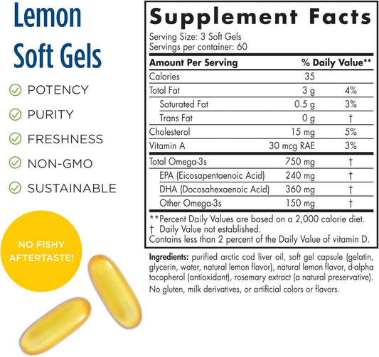Nordic Naturals Pro Arctic Cod Liver Oil, Lemon - 180 Soft Gels - 750 mg Total Omega-3s with EPA & DHA - Heart & Brain Health, Healthy Immunity, Overall Wellness - Non-GMO - 60 Servings