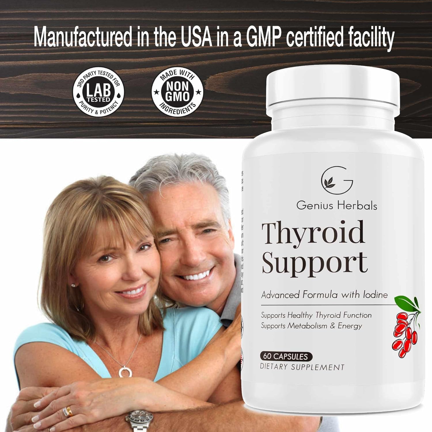 Genius Herbals Thyroid Support - Advanced Formula With Iodine, Supports Metabolism & Energy, Supports Healthy Thyroid. Non-Gmo Thyroid Supplement - 60 Capsules : Health & Household