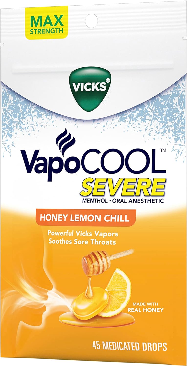 Vicks VapoCOOL SEVERE Medicated Sore Throat Drops, Fast-Acting Max Strength Relief, Soothes Sore Throat Caused by Cough, Powerful Vicks Vapors, Menthol, Honey Lemon Chill Flavor, 225ct (5 45ct packs)